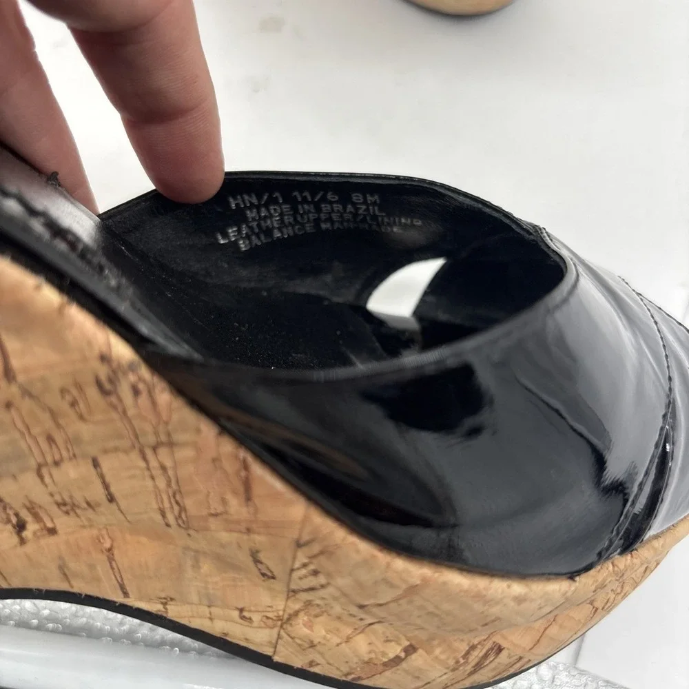 Via Spiga Black Patent Leather Espridalle  Peep Toe Sandal Wedges Women Size 8